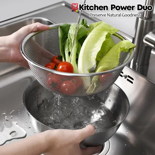 Vista 8 de WAGENSTEIGER Juego de tazón de acero inoxidable y colador de 3 patas, canasta de cocina multiusos con colador de malla fina, cuenco para mezclar