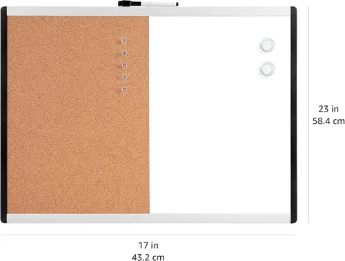Vista 4 de Amazon Basics Combo de pizarra blanca magnética rectangular y tablero de corcho para el hogar, la oficina y el aula, marco de plástico/aluminio