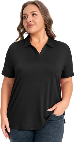 Vista 2 de Idtswch Camisa polo de manga corta con cuello en V para mujer, de secado rápido, UPF 50+, informal, para trabajo, golf, talla XL - 6XL