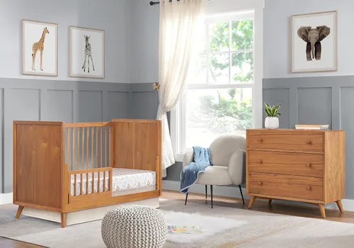 Vista 4 de Oxford Baby Dawson - Kit de conversión de riel de protección de cuna a cama infantil, marrón miel, certificado Green Guard Gold