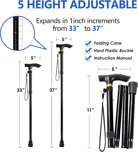 Vista 7 de Bastón plegable para hombre y mujer, portátil, ligero, altura ajustable de 5 niveles, caña plegable para personas mayores equilibrando la ayuda