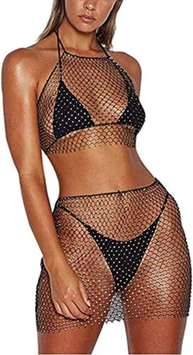 Vista 2 de Axupico Minifalda sexy de malla transparente con diamantes de imitación para mujer, salida de baño