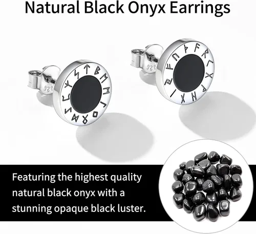 Vista 2 de ChicSilver Pendientes de tuerca de plata de ley 925 con runa vikinga de ónix negro natural para mujeres y hombres