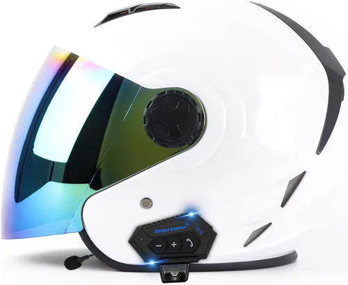 Vista 8 de Casco Bluetooth para motocicleta 3/4, casco retro abierto con visera solar, casco de moto Jet para hombres y mujeres adultos, casco aprobado por DOT