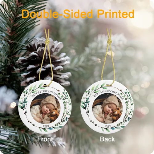 Vista 3 de Adornos personalizados para la primera Navidad del bebé, adornos colgantes de cerámica con foto de bebé, regalo de recuerdo para bebé recién nacido