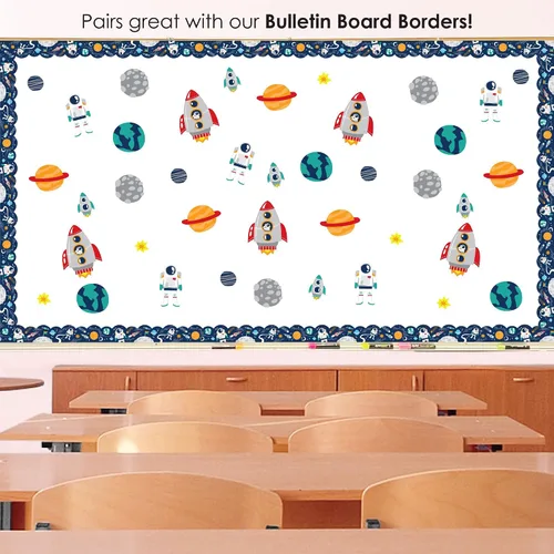 Vista 5 de Big Dot of Happiness Outer Space Galaxy - Decoraciones de aula de bricolaje - Recortes de tablón de anuncios - Juego de 40