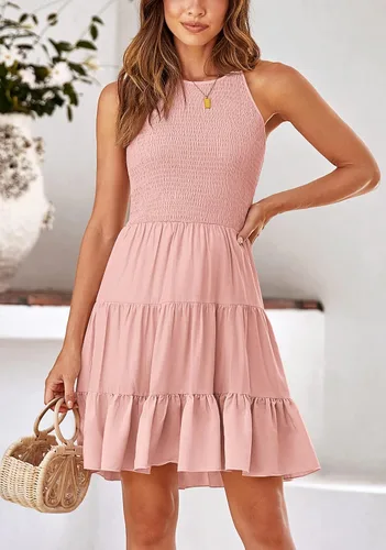 Vista 3 de KIRUNDO 2023 - Vestido casual de verano sin mangas para mujer, con volantes fruncidos, escalonados, acampanado, vestido de playa