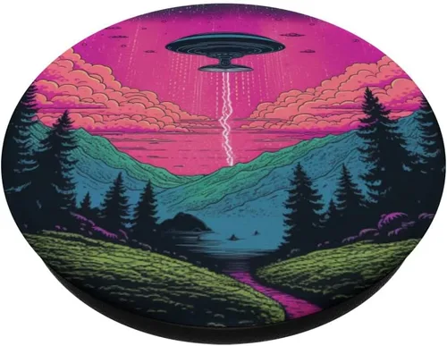 Vista 2 de Retro Alien Abduction Synthwave Ufo PopSockets intercambiables PopGrip