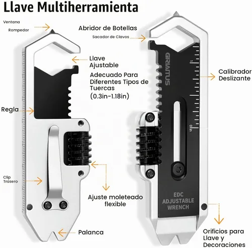 Vista 2 de Llavero pequeño multiherramienta con llave ajustable de bolsillo 9 en 1 para tornillos con mini palanca extractor de clavos herramienta calibrador