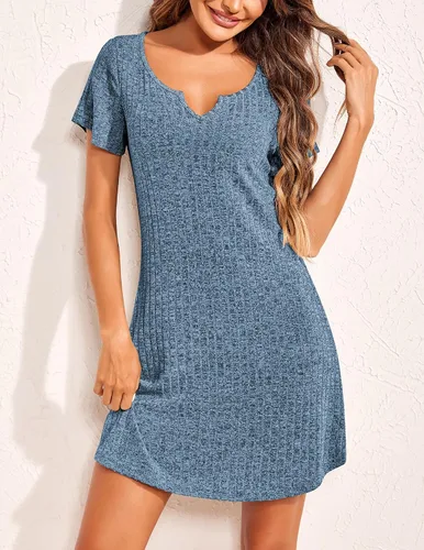 Vista 2 de Ekouaer Camisón de punto acanalado para mujer, camisón de manga corta con cuello en V
