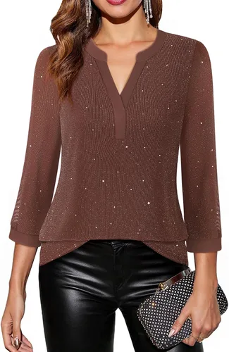 Vista 25 de Timeson - Blusas de manga de 3/4 para mujer, estilo casual, con cuello en V, camisas largas de vestir de doble capa, de malla Negro