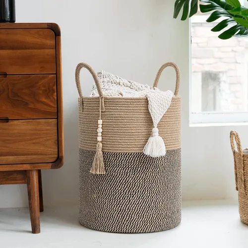 Vista 5 de Goodpick - Cesta tejida de yute para mantas decorativa, cesta de almacenamiento para toallas, zapatos, juguetes, cesta de lavandería alta para sala