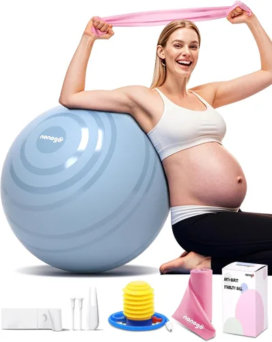 Vista 9 de nonogo Bola de parto para embarazo con bandas de resistencia, pelota de ejercicio para entrenamiento, yoga, terapia física, fisio de maternidad
