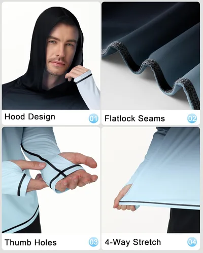 Vista 4 de Roadbox Sudadera con capucha UPF 50+ para hombre, con capucha UV, manga larga, ligera, protección contra erupciones SPF para exteriores, senderismo