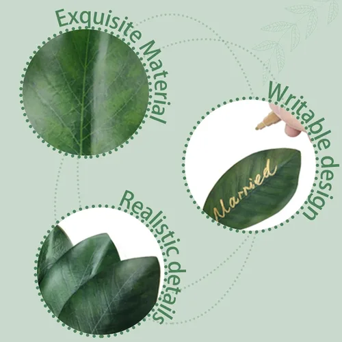 Vista 3 de 20 hojas artificiales de magnolia verde para decorar guirnalda de flores, tallo de hojas de magnolia artificial