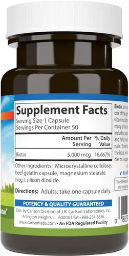 Vista 2 de Carlson - Biotina, 5000 mcg, cabello saludable, uñas fuertes y producción de energía, 50 cápsulas