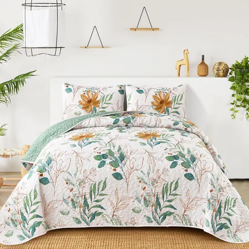 Vista 21 de Anibedding Juego de edredón botánico tamaño Full, 3 piezas reversible, elegante patrón de hojas azules, cubrecama colcha de microfibra suave