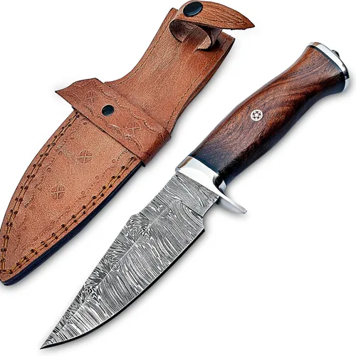 Vista 9 de Cuchillo de Desollar para Cuello de Acero de Damasco Hecho a Mano de 6", Mango de Palisandro con Protector de Acero y Funda de Cuero, Mejor Regalo