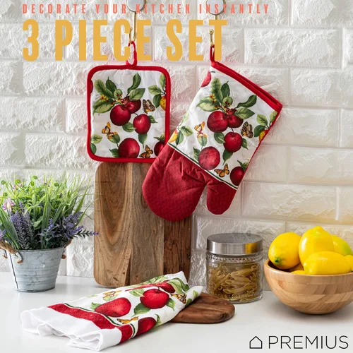 Vista 3 de Juego de 3 piezas de ropa de cocina con estampado de Apple Orchard, 1 toalla de algodón, 1 agarradera, 1 guante de horno con lazo para colgar