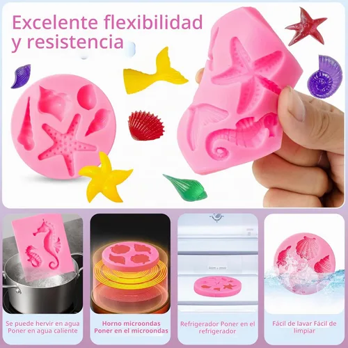 Vista 3 de Elfkitwang Molde de silicona para fondant de temática marina, concha, cola de sirena, caballito de mar, estrella de mar, coral, herramientas
