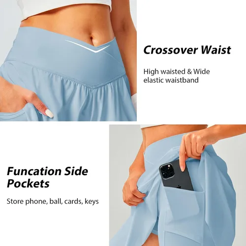 Vista 3 de Falda de tenis para mujer con bolsillos, pantalones cortos cruzados de cintura alta, faldas atléticas para golf, correr, entrenamiento