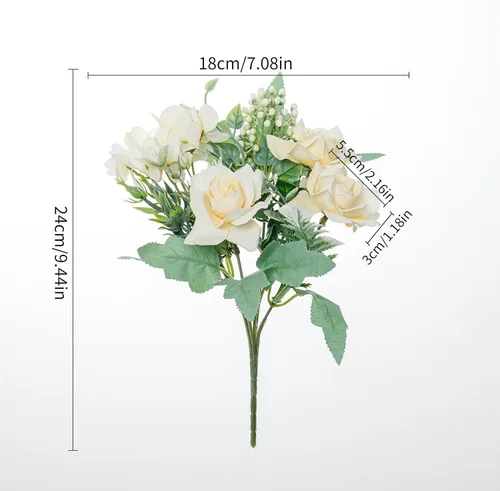 Vista 2 de Ramo de flores artificiales de seda artificial, 5 ramas, rosas pequeñas para bodas, hogar, oficina, mesas, decoración, 4 paquetes (champán)
