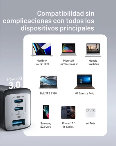 Vista 7 de Anker Bloque de cargador USB C de 3 puertos máximo de 65 W, cargador