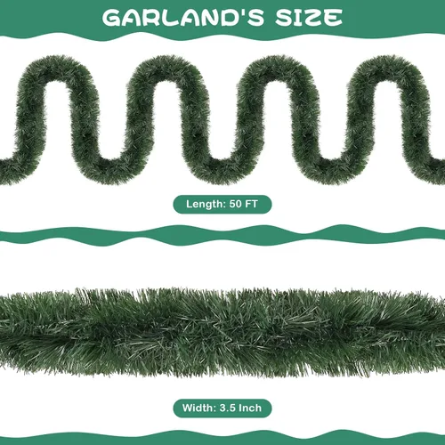Vista 2 de Guirnalda de oropel de Navidad de 15,2 m, guirnalda metálica gruesa verde oscuro con diseño de torsión para árbol de Navidad, decoraciones