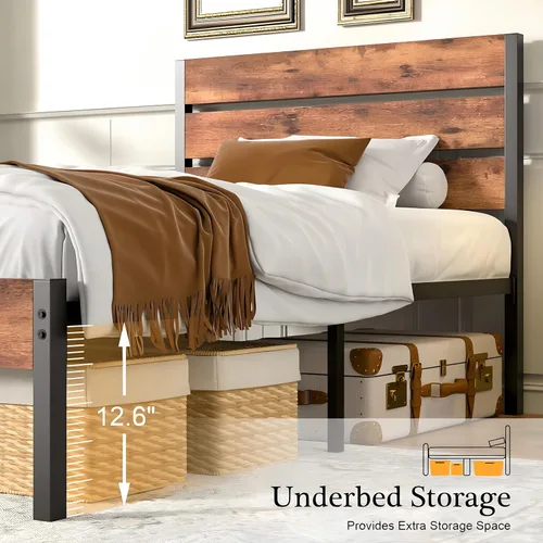 Vista 6 de VECELO Base de cama tamaño individual, plataforma de metal resistente con cabecera de madera, no necesita somier, color marrón antiguo