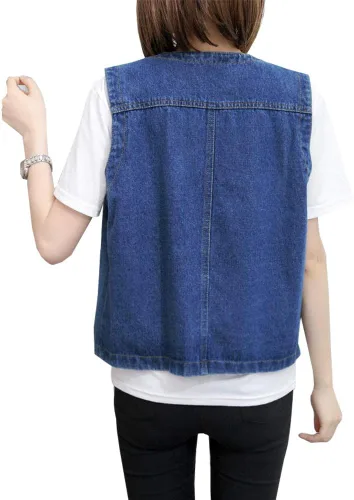 Vista 4 de Ladyful Chaleco de mezclilla sin mangas con cuello en V y botones para mujer