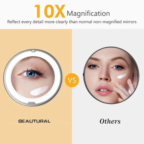 Vista 7 de Beautural Espejo de maquillaje con aumento de 10 veces con luces LED, espejo de maquillaje con aumento iluminado para el hogar, mesa, baño, ducha