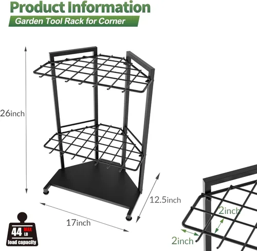 Vista 6 de Organizador de herramientas de jardín para esquina - Estante de metal resistente con 34 compartimentos de almacenamiento y 14 ganchos para palas