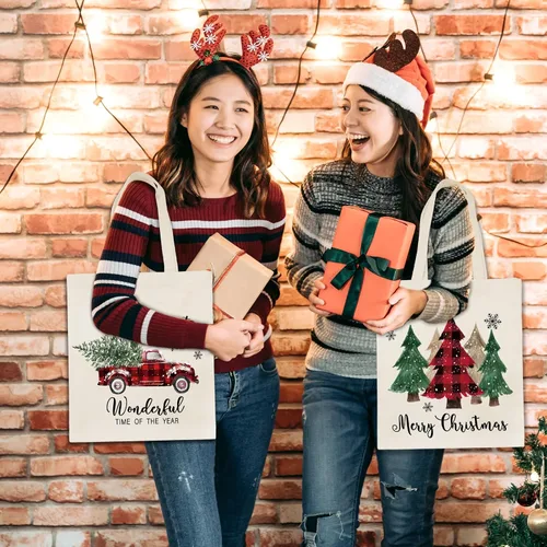 Vista 4 de Whaline 3 bolsas de lona de Navidad a cuadros, árbol de Navidad, camión, muñeco de nieve, bolsa de compras de Navidad para invierno, reutilizable