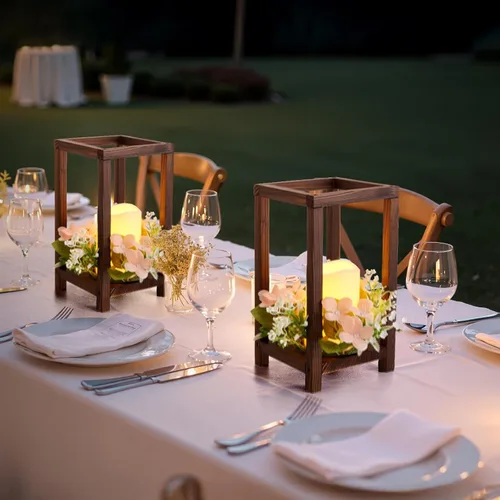 Vista 8 de VEVOR Juego de 10/30 piezas de centro de mesa de madera para boda, incluye 10 portavelas de madera, 10 velas LED sin llama, 10 coronas florales