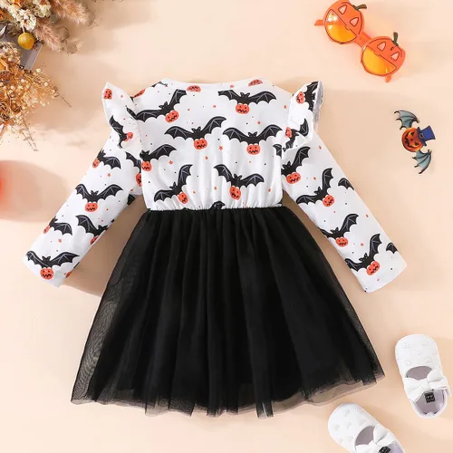 Vista 3 de Ovmxqso Disfraz de gato negro para niña pequeña, vestido de calabaza de manga larga, vestido de fiesta de tul de malla