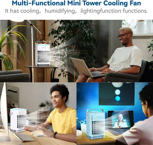 Vista 9 de Aire acondicionado portátil, enfriador de aire evaporativo personal con 4 velocidades de viento y luz LED, relleno superior de 23.7 fl oz, mini aire