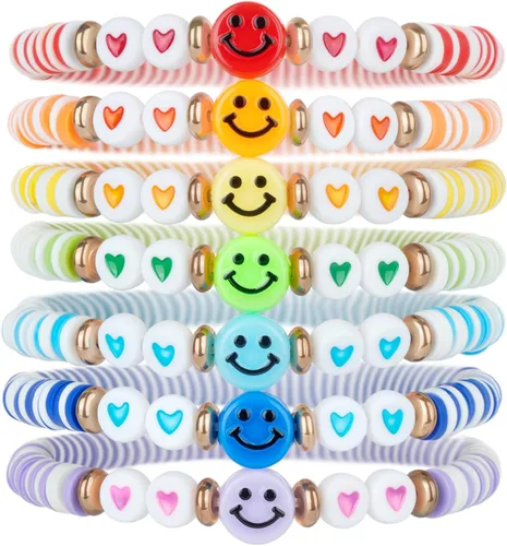 Vista 19 de Juego de pulseras heishi arcoíris estilo surfista para mujer, juego de pulseras apilables de cuentas de arcilla, pulseras elásticas con disco