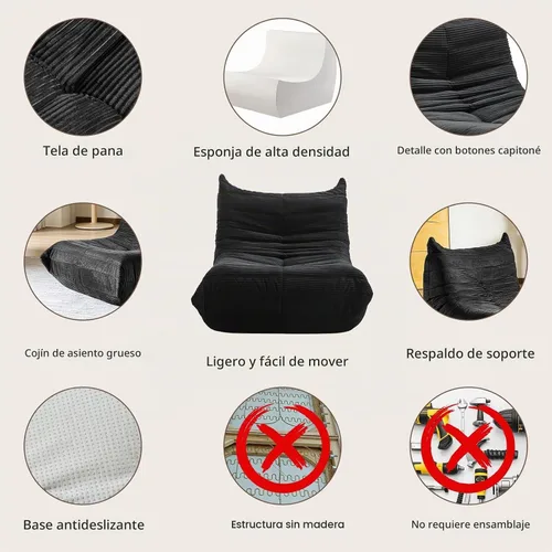 Vista 5 de Silla Puf - Sofá de Esquina, Silla de Chimenea Sofá Silla Puf, Silla Puf Grande para Adultos, Sofá de Piso de Chimenea para Sala de Estar Negro