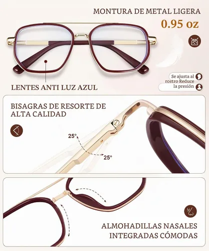 Vista 3 de Aviator Blue Light Blocking Glasses for Women Men Trendy Metal Frame Computer TV Eyeglasses Anti Eyestrain Rojo vino