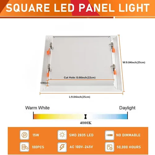 Vista 2 de Luces de panel LED empotradas de 15 W, luz de techo cuadrada blanco (White 4000K)