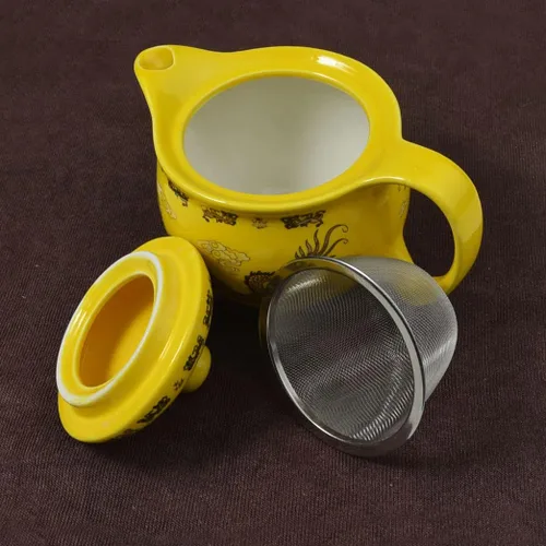 Vista 6 de Teapot Teacup Chinese Gongfu Tea Set Yellow Dragon Porcelana Acero inoxidable Filtración Caja de regalo de cerámica