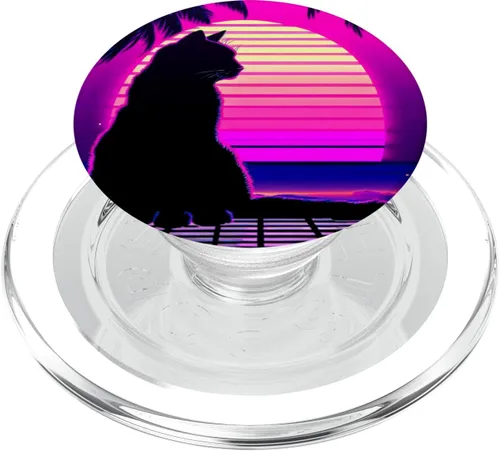 Vista 7 de Funny Retro Vaporwave Synthwave Cat PopSockets Adhesive PopGrip