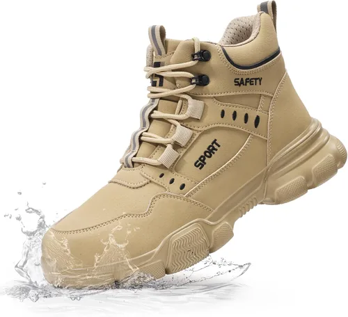 Vista 10 de Botas de punta de acero para hombre, botas de trabajo ligeras para hombres, botas de seguridad altas con suela media Kevlar resistente a pinchazos