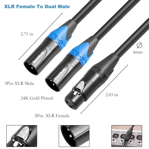 Vista 5 de Smithok Cable divisor XLR, hembra a doble macho Y (divisor XLR 1 hembra a 2 macho), adaptador de audio de cable divisor de micrófono equilibrado