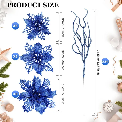 Vista 2 de Yinder Juego de 48 flores de Pascua artificiales con purpurina para el día de San Valentín con ramitas, decoración de árbol de Navidad, para corona