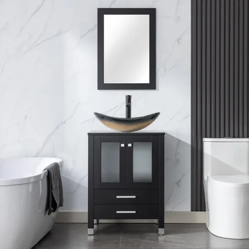 Vista 20 de LUCKWIND Combinación de tocador de baño de 24 pulgadas con lavabo, serie elegante con marco pintado, armario de almacenamiento de baño de dos