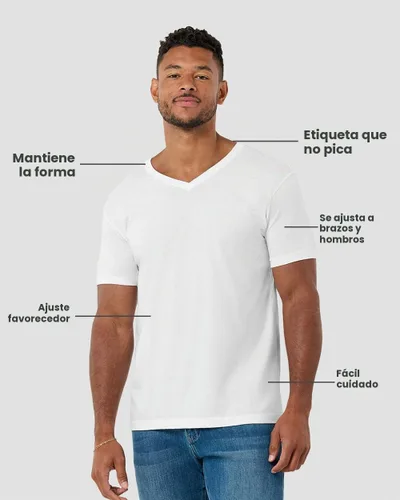 Vista 3 de Camiseta de manga corta con cuello en V para hombre, de algodón suave Sin marca - Blanco