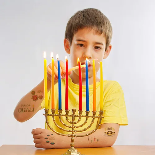 Vista 3 de Oringaga 390 tatuajes temporales para fiestas de Happy Diwali para niños, suministros de fiesta hindú de Diwali, suministros de fiesta, bolsas