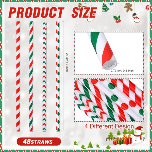 Vista 3 de Uiifan 48 popotes de Navidad de plástico para beber Navidad de 9 pulgadas, 4 estilos, popotes reutilizables para vacaciones, cumpleaños, bodas