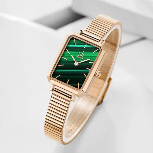 Vista 2 de SHENGKE SK - Reloj cuadrado único para mujer, con correa de malla de acero inoxidable, de cuero auténtico, elegante, rectángulo, para mujer